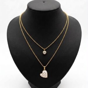Collier double rang cœur blanc et zircon doré