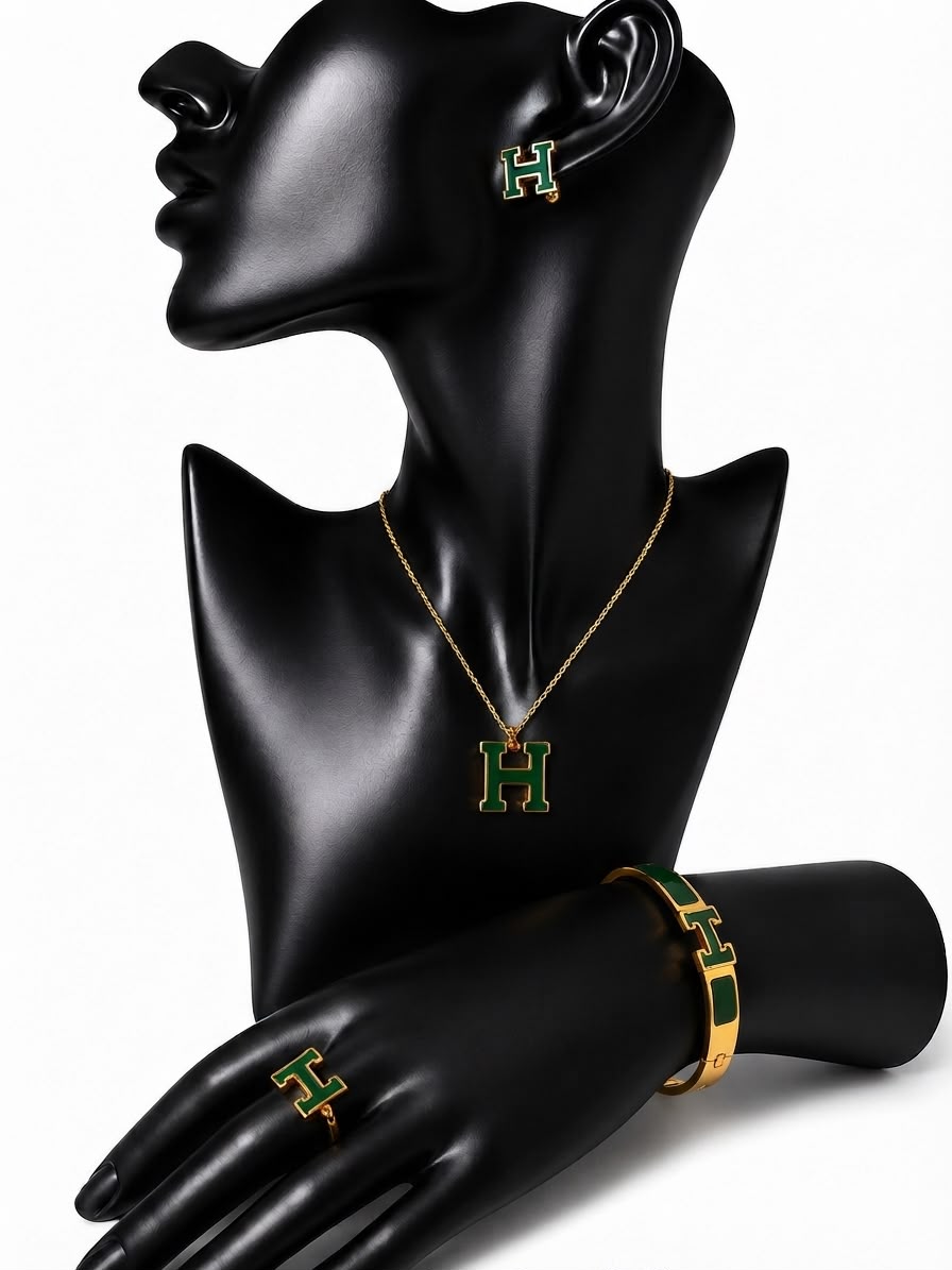 Ensemble de bijoux "H" vert et doré